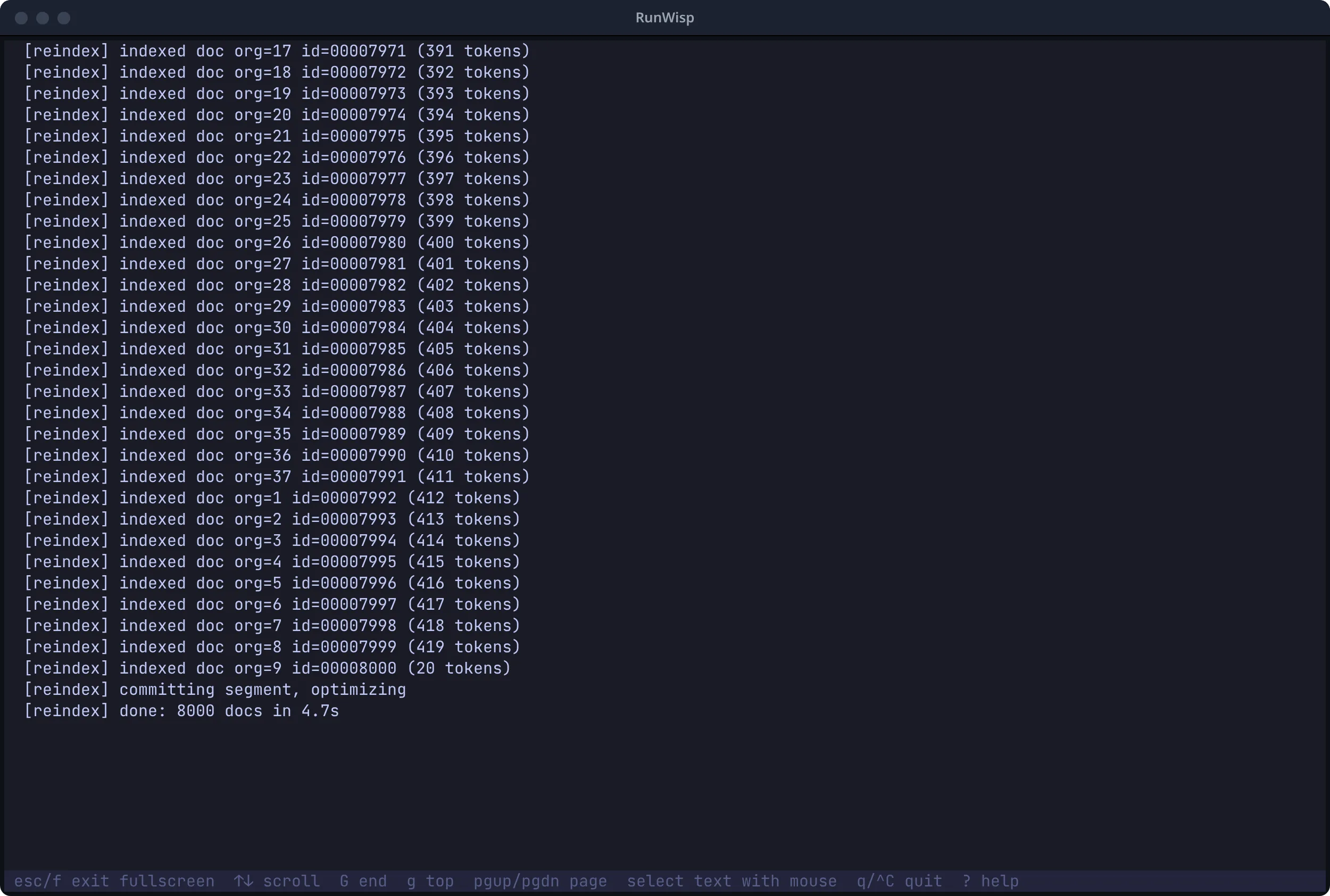 TUI fullscreen log view: no sidebar, no header, pure log lines filling the terminal.