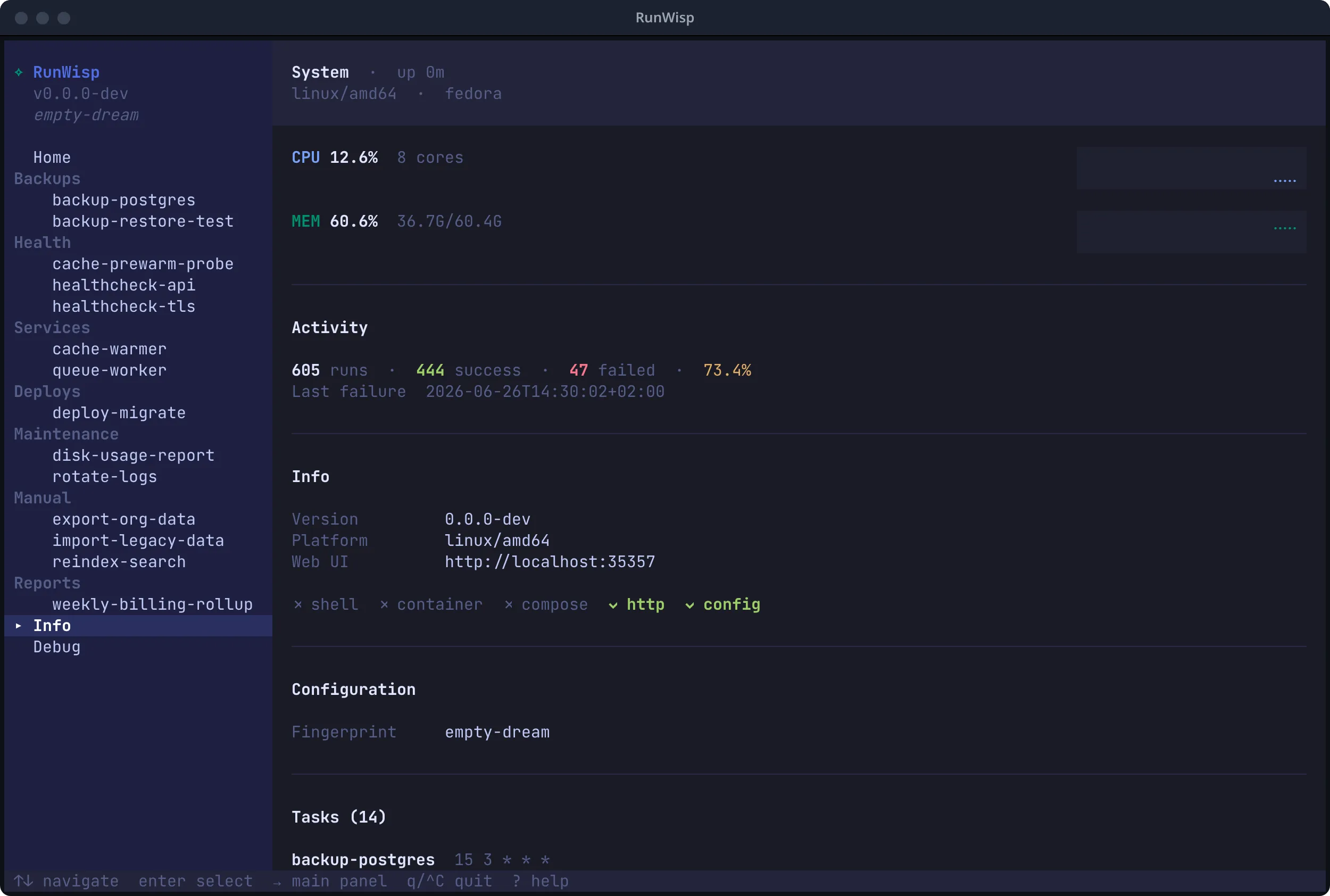 TUI Info page: CPU and memory sparklines, activity summary, version and platform details, configuration checkmarks, and task list.