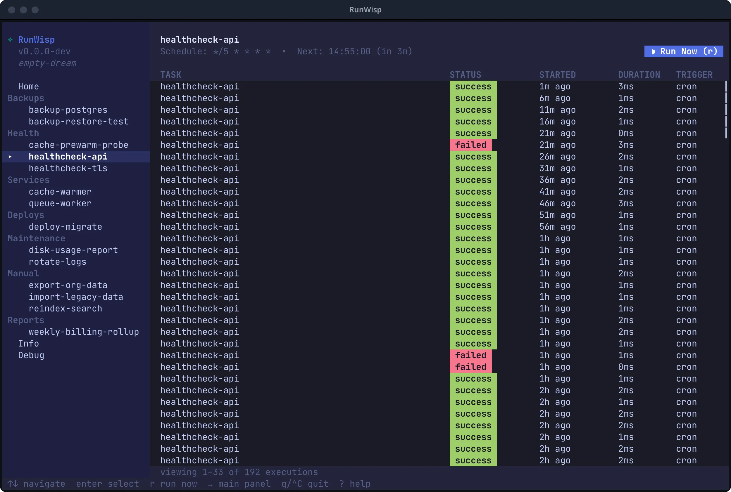 TUI task detail for healthcheck-api: header with task name, cron schedule, next-fire countdown, and Run Now button; run history table below showing status, start time, duration, and trigger columns.