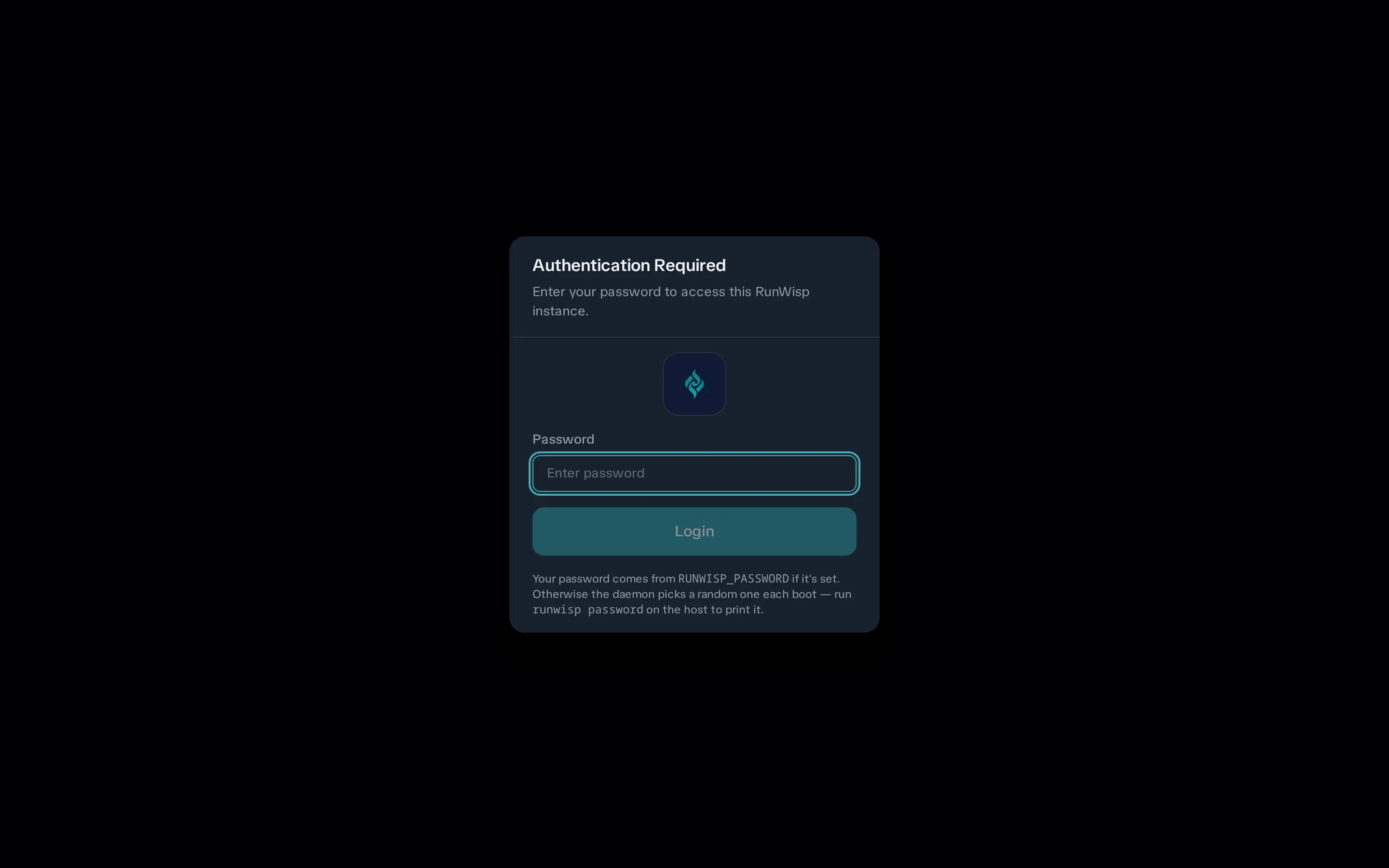 Login modal centred on the dashboard: single password field, Login button, no username.