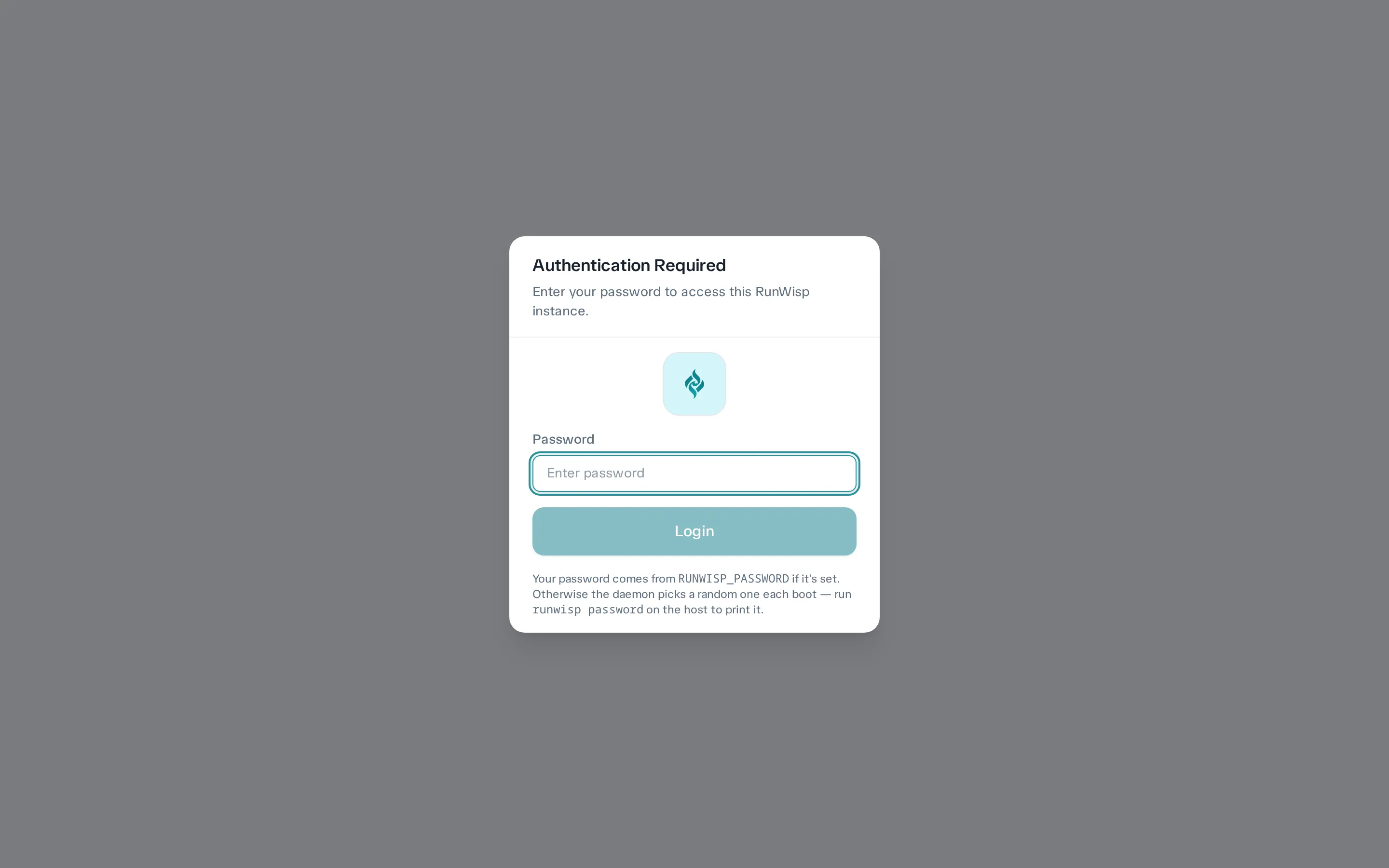 Login modal centred on the dashboard: single password field, Login button, no username.