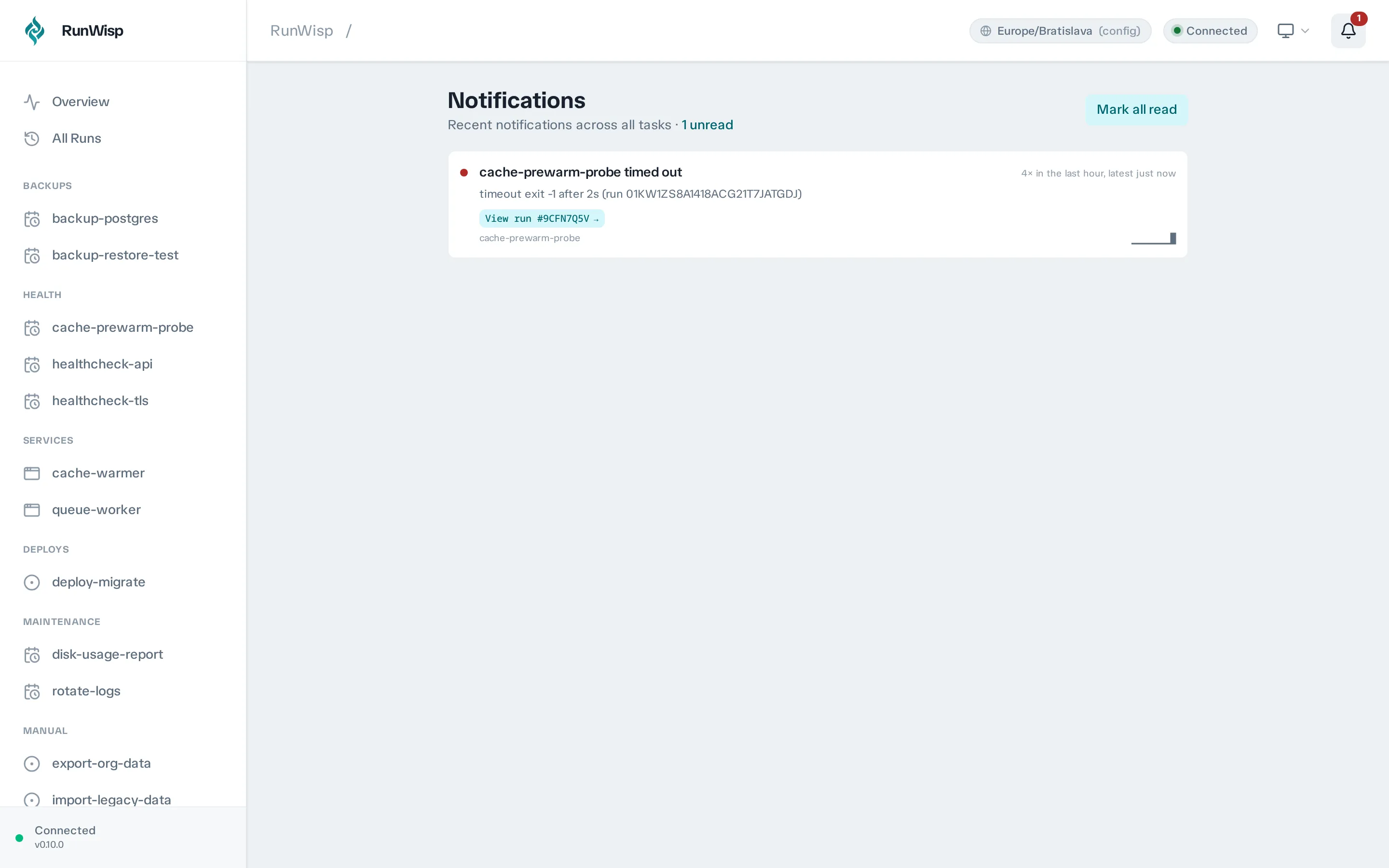 The full /notifications page: history across all tasks with the unread count at the top.