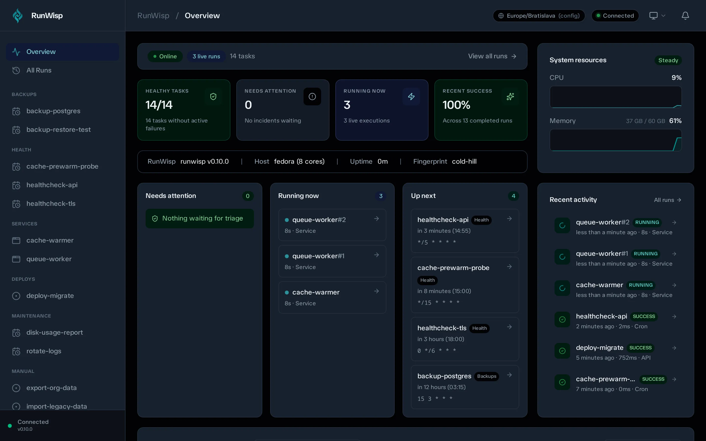 Web UI dashboard: sidebar with tasks and services, daemon header with sparklines, recent activity feed below.