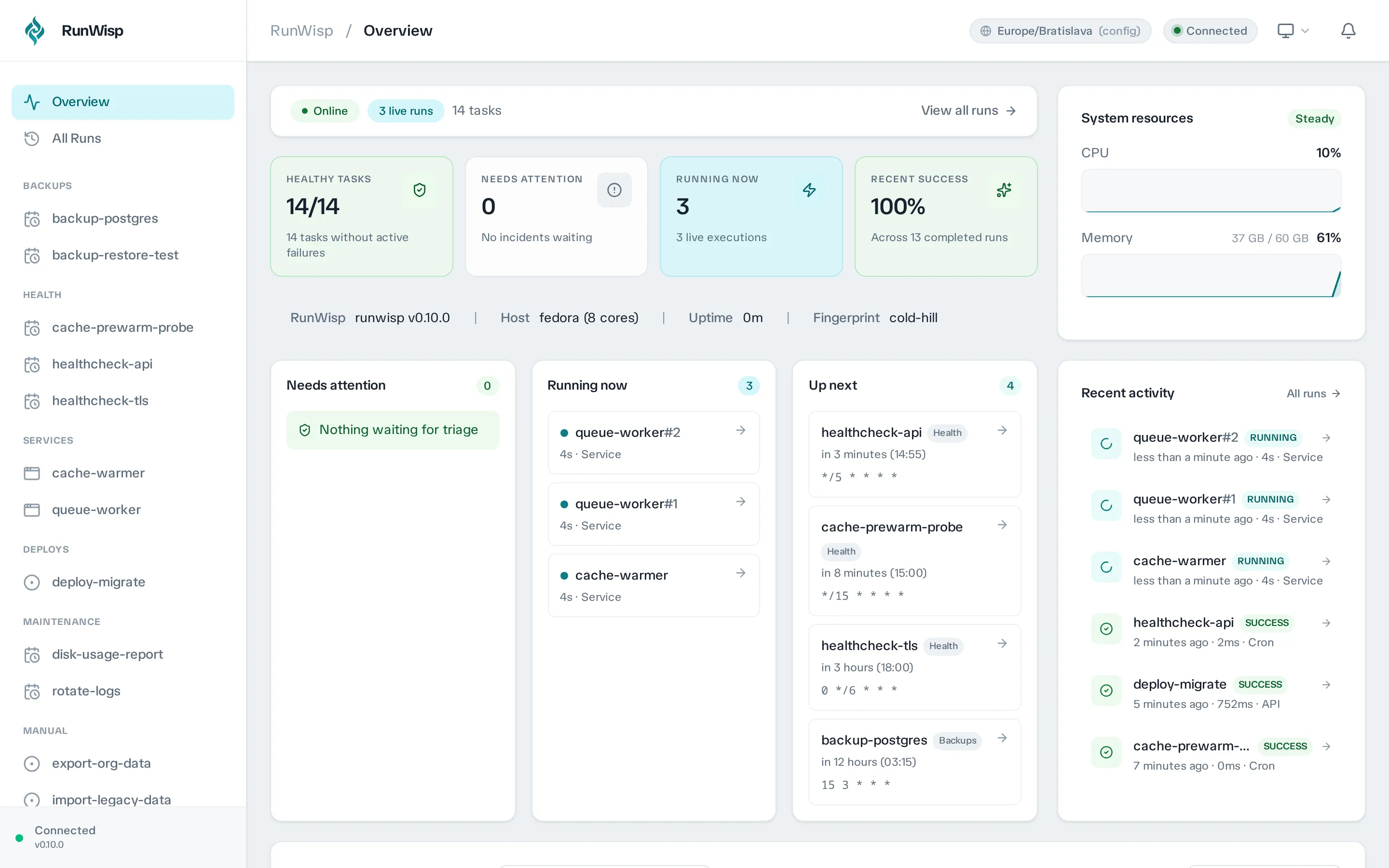 Web UI dashboard: sidebar with tasks and services, daemon header with sparklines, recent activity feed below.