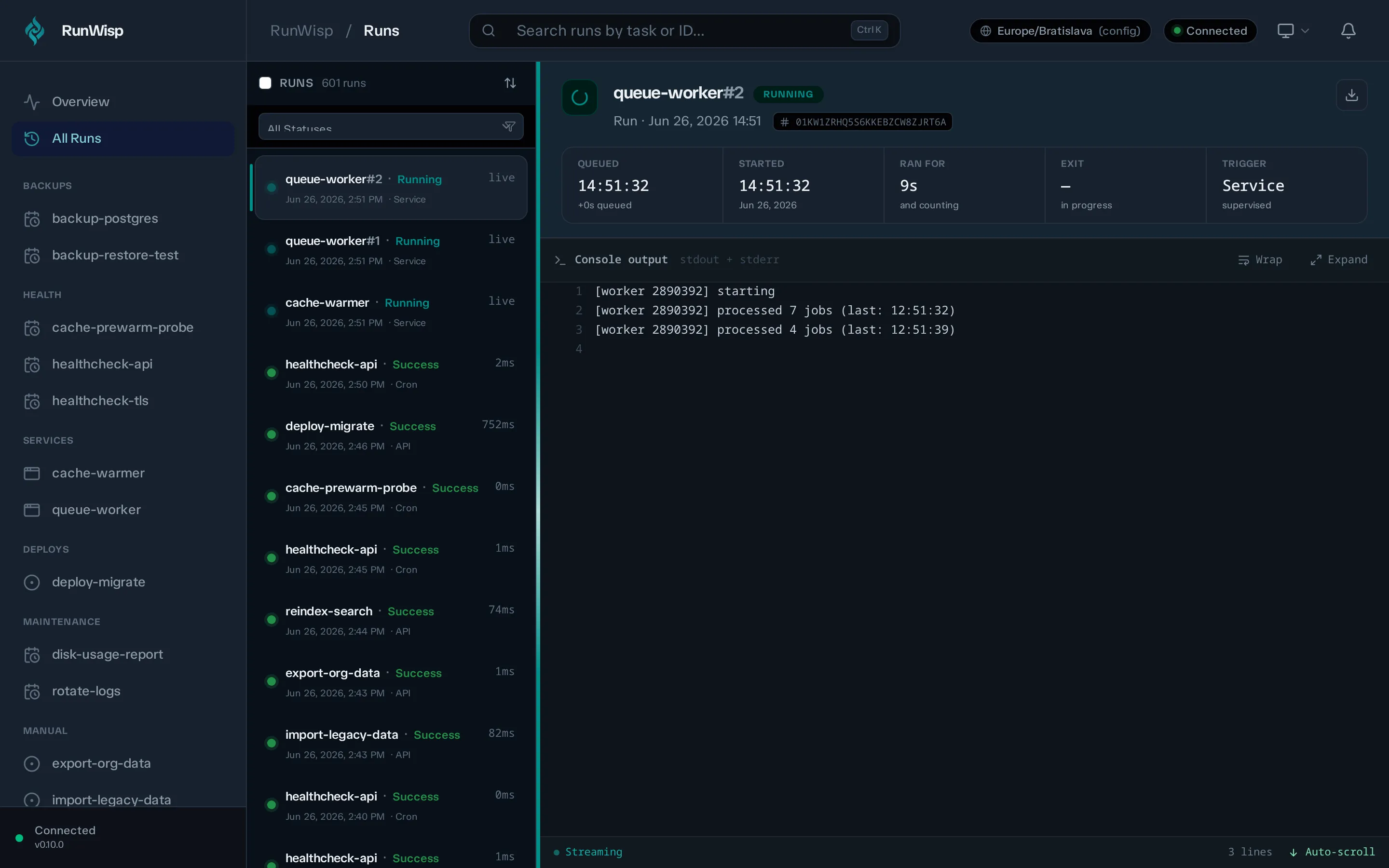 All Runs page: flat newest-first table of recent runs across every task with status icons, durations, and timestamps.