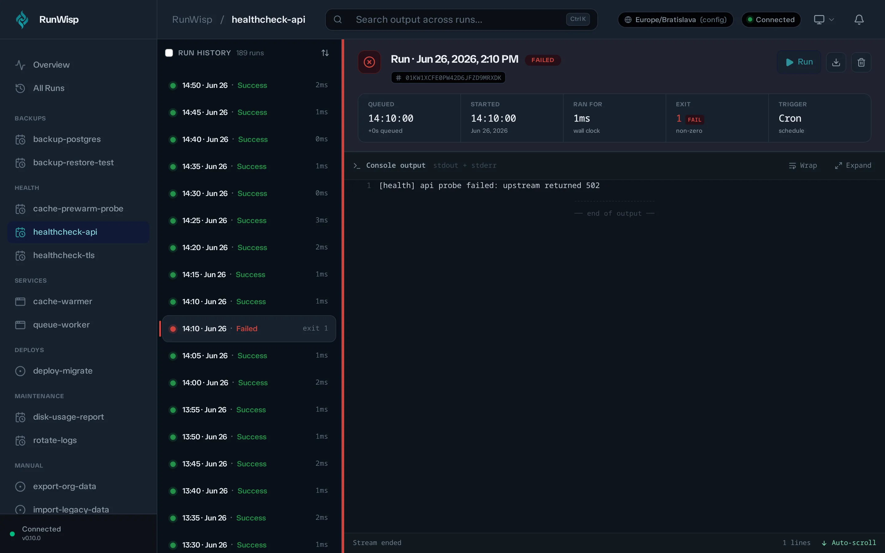 Task detail for a failed run: red FAILED status pill in the header, exit code next to duration, captured stderr filling the log pane.
