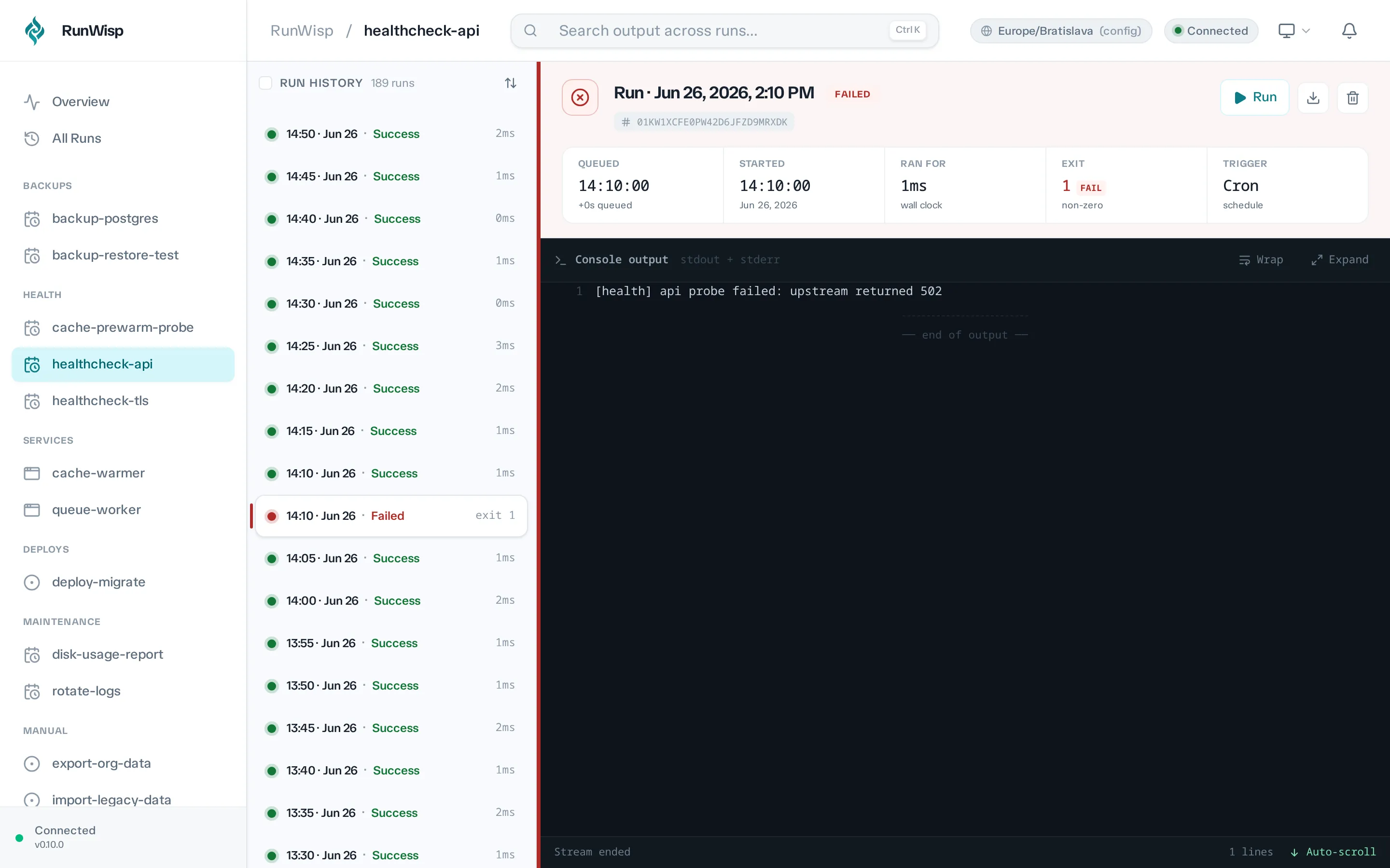 Task detail for a failed run: red FAILED status pill in the header, exit code next to duration, captured stderr filling the log pane.